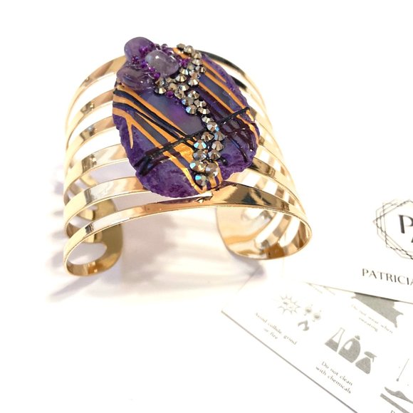 Gold Plated Bangle with Purple Agate Stone - Picture 1 of 6
